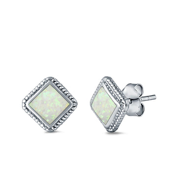 Cushion Cut Stud Earrings Lab Created White Opal 925 Sterling Silver (15mm)
